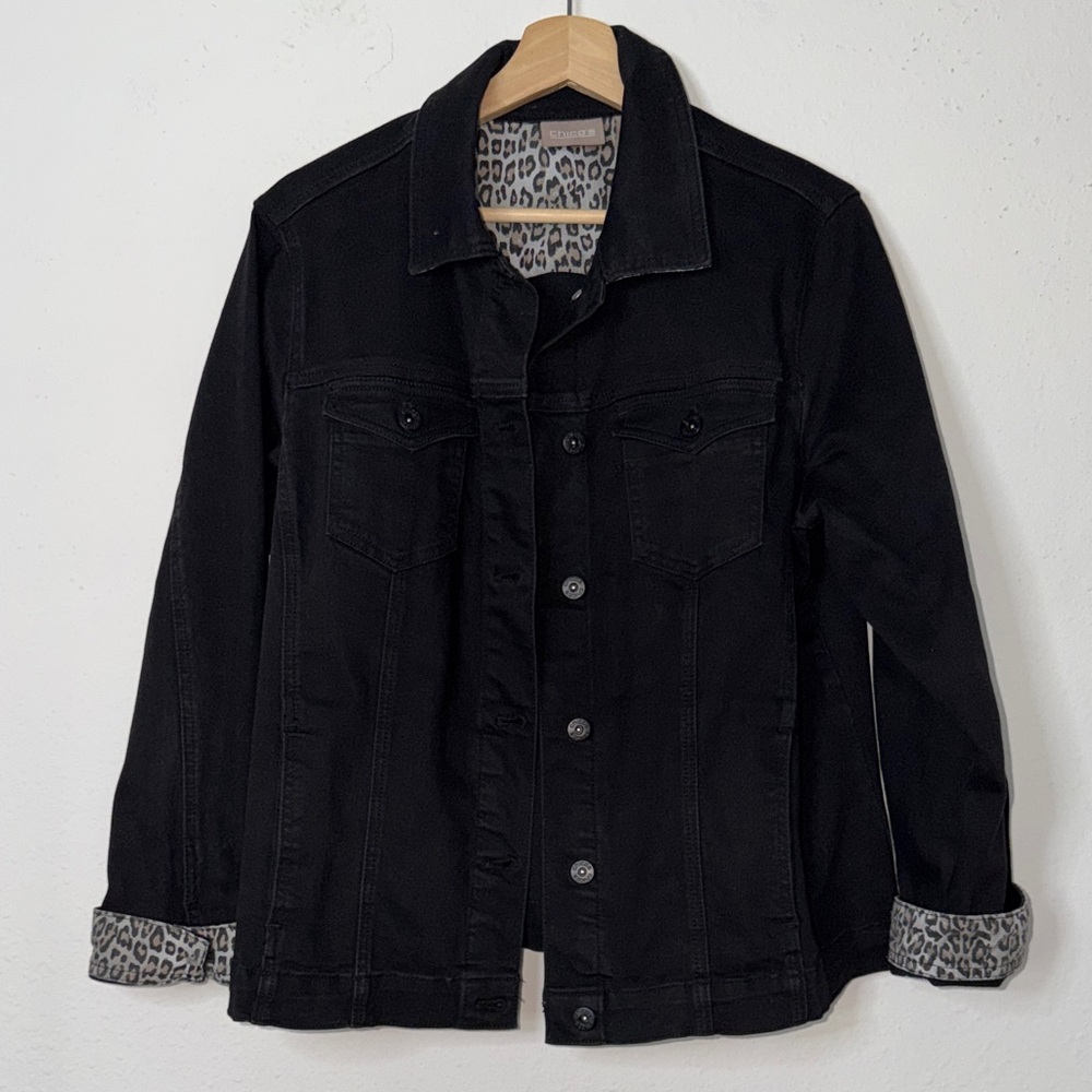 Chicos Black Denim Jacket w/ animal print accents Sz. L (2) - Picture 2 of 7